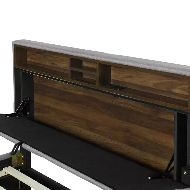 Cadre de lit double/grand lit avec tête de lit de rangement et lit gigogne double XL, lit plateforme en lin avec 2 tiroirs et prises et ports USB