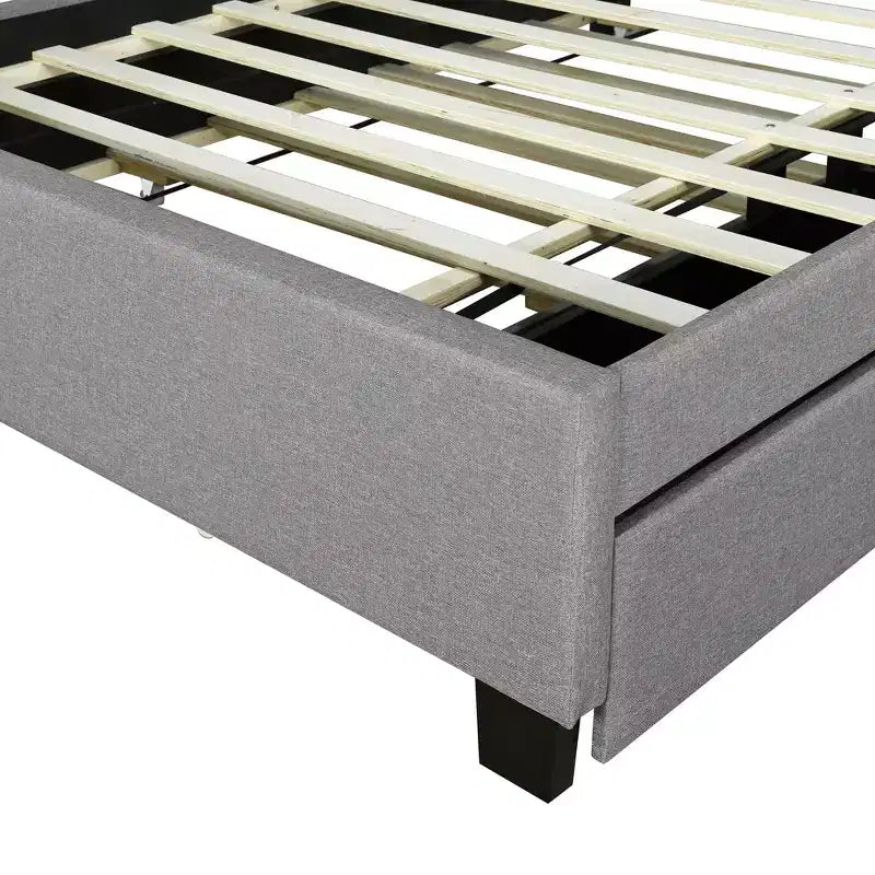 Cadre de lit double/grand lit avec tête de lit de rangement et lit gigogne double XL, lit plateforme en lin avec 2 tiroirs et prises et ports USB