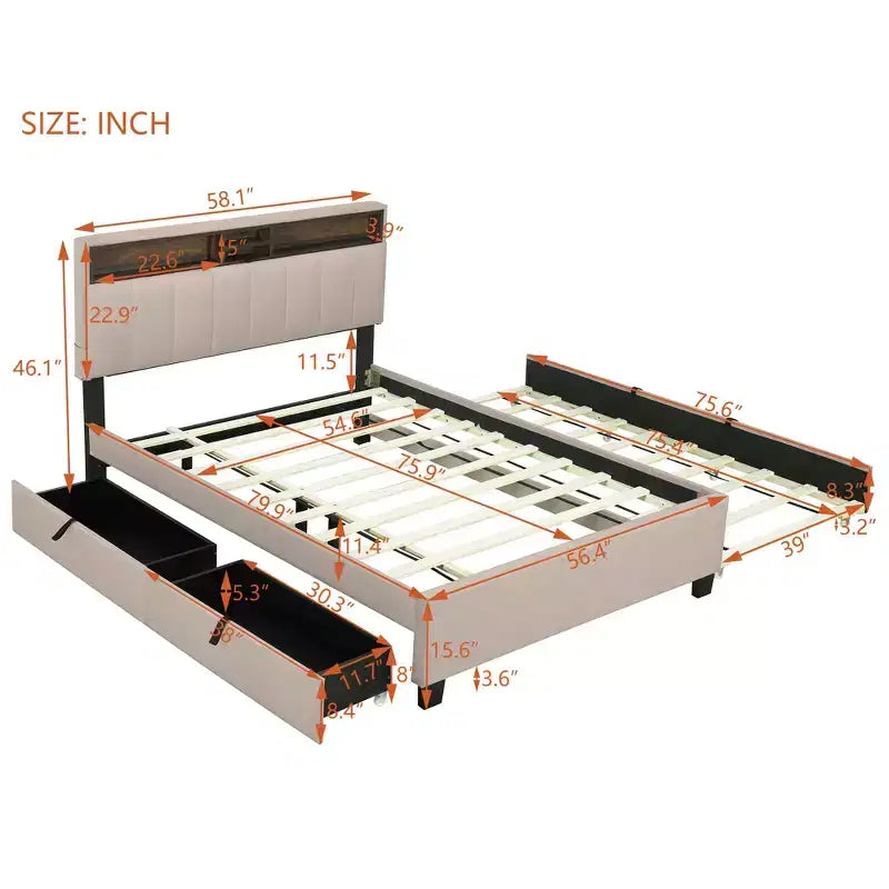 Cadre de lit double/grand lit avec tête de lit de rangement et lit gigogne double XL, lit plateforme en lin avec 2 tiroirs et prises et ports USB