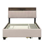 Cadre de lit double/grand lit avec tête de lit de rangement et lit gigogne double XL, lit plateforme en lin avec 2 tiroirs et prises et ports USB