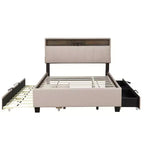 Cadre de lit double/grand lit avec tête de lit de rangement et lit gigogne double XL, lit plateforme en lin avec 2 tiroirs et prises et ports USB
