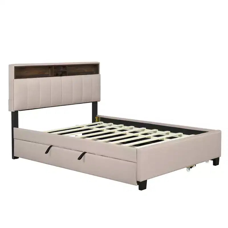 Cadre de lit double/grand lit avec tête de lit de rangement et lit gigogne double XL, lit plateforme en lin avec 2 tiroirs et prises et ports USB