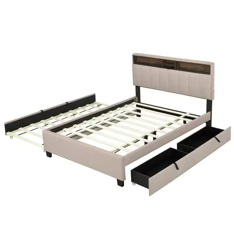 Cadre de lit double/grand lit avec tête de lit de rangement et lit gigogne double XL, lit plateforme en lin avec 2 tiroirs et prises et ports USB