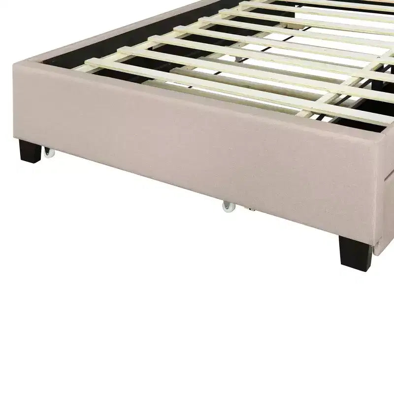 Cadre de lit double/grand lit avec tête de lit de rangement et lit gigogne double XL, lit plateforme en lin avec 2 tiroirs et prises et ports USB