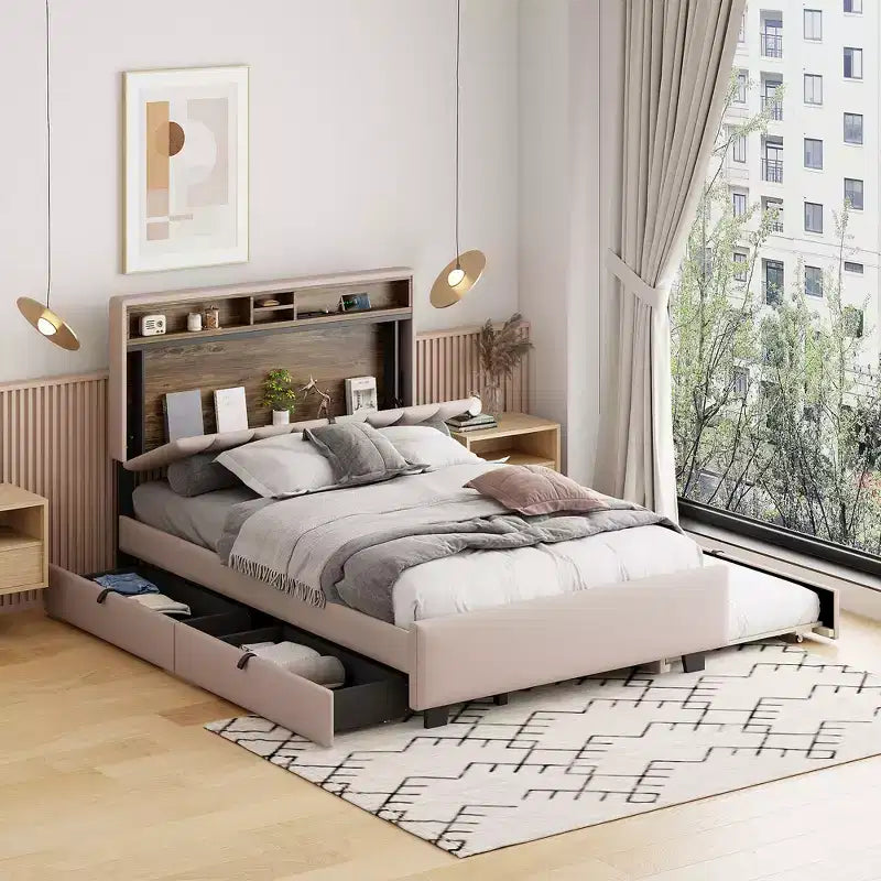 Full/Queen Bed Frame with Storage Headboard and Twin XL Size Trundle, Linen Platform Bed with 2 Drawers and Sockets & USB Ports