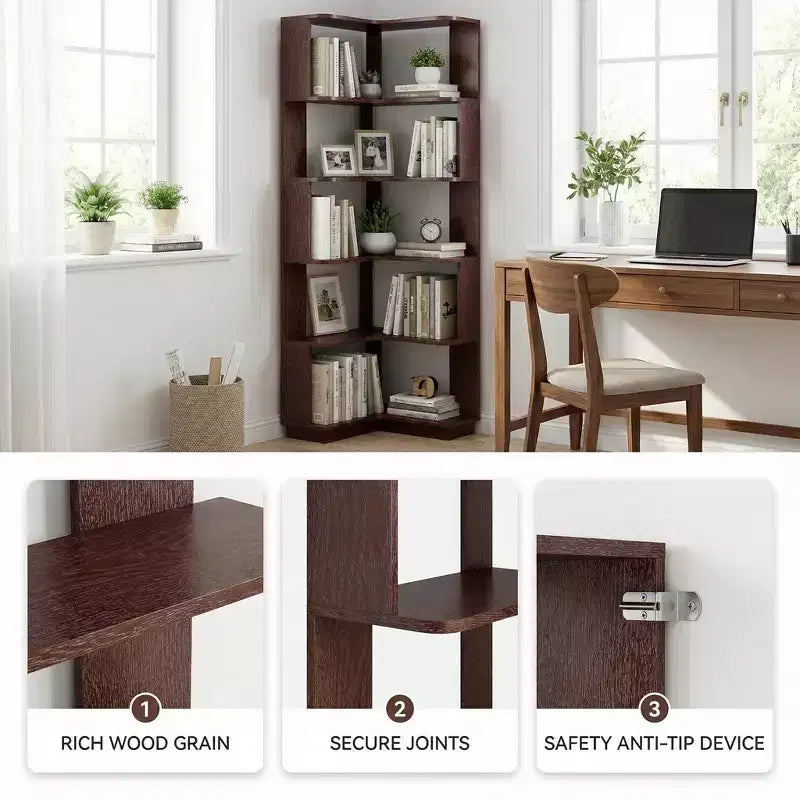 Homy Casa Étagère d'angle 6 niveaux en bois manufacturé, design d'angle peu encombrant pour salon, chambre et bureau