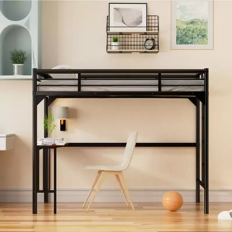 Bellemave Lit mezzanine double en métal avec bureau, échelle et garde-corps, bureau sous le lit, Noir