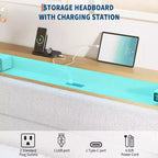 Cadre de lit COZONY avec lumières LED RGB et tête de lit de rangement à 2 niveaux, lit plateforme moderne pour chambre à coucher