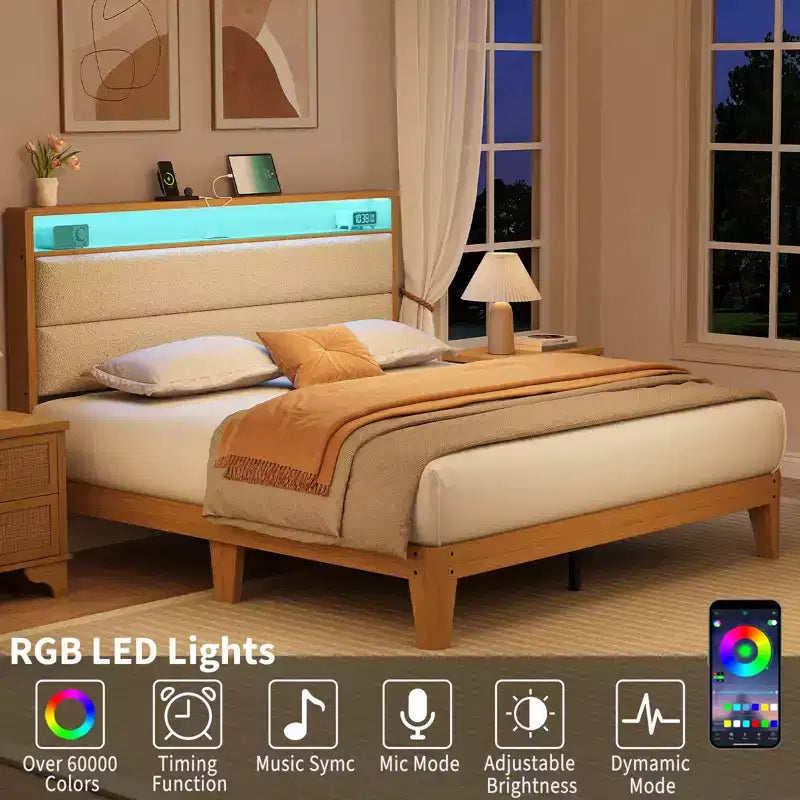 Cadre de lit COZONY avec lumières LED RGB et tête de lit de rangement à 2 niveaux, lit plateforme moderne pour chambre à coucher