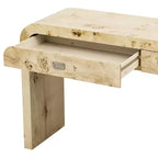 Console en placage de loupe Okak avec tiroirs de rangement, table d'entrée avec pieds robustes et poignées en métal, table de foyer pour le couloir, le salon