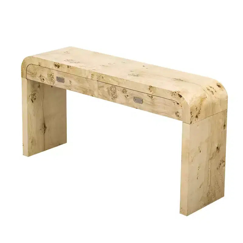Console en placage de loupe Okak avec tiroirs de rangement, table d'entrée avec pieds robustes et poignées en métal, table de foyer pour le couloir, le salon