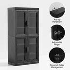 PexFix 31 Bibliothèque moderne en bois avec 2 portes vitrées et étagère réglable pour cuisine, chambre, entrée, salon, salle à manger, noir