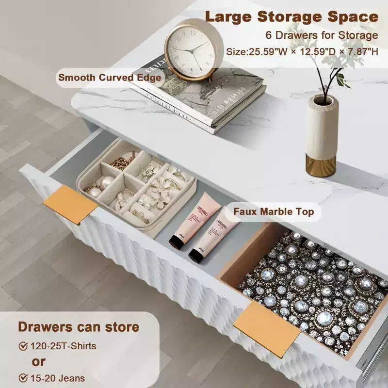 Commode cannelée à 6 tiroirs avec plateau en faux marbre, meuble TV moderne incurvé pour chambre et salon, armoire de rangement robuste, conception anti-basculement