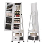 Full Length Mirror Jewelry Organizer,66.1 Tall LED Mirror Jewelry Storage Cabinet with Back Sheleves,360Swivel Freestanding Makeup Cabinet, White