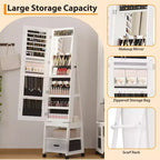 Armoire à bijoux avec miroir pleine longueur, meuble de rangement à bijoux avec miroir LED de 168 cm de haut avec étagères arrière, armoire à maquillage autoportante pivotante à 360°, Blanc