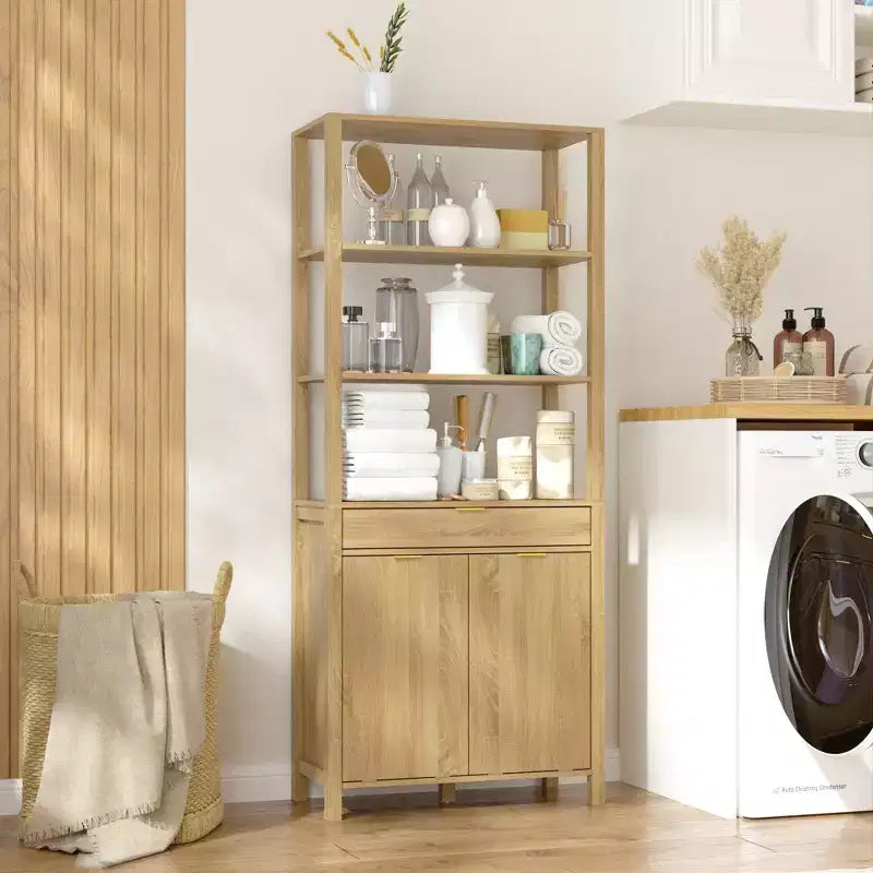 Tour de salle de bain et de buanderie en bois naturel Famapy avec tiroir et étagères ouvertes, paniers inclinables, armoire de rangement pour salle de bain et buanderie