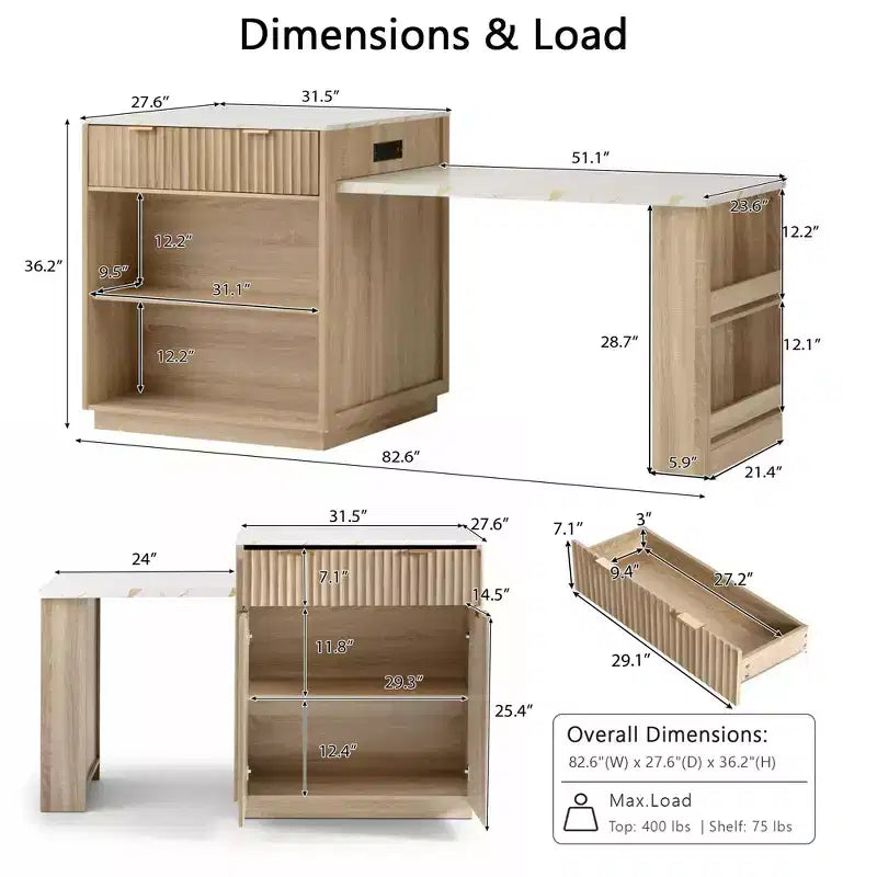 Îlot de cuisine Okak avec table extensible, organisateur de comptoir avec prise de courant et rangement double face, chariot de cuisine pour salle à manger