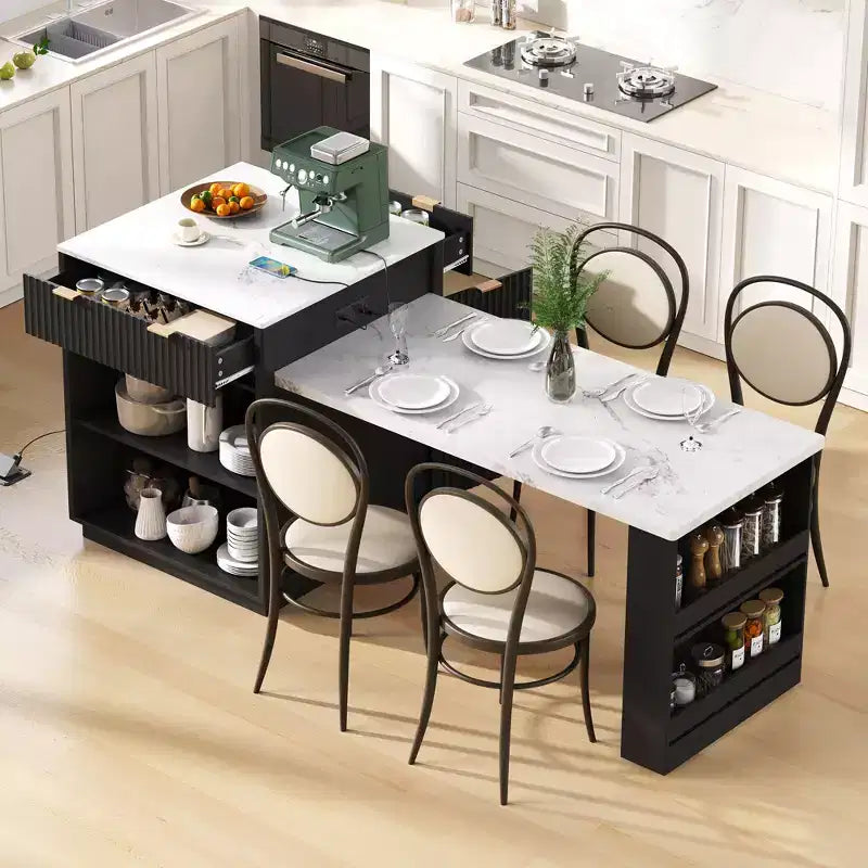 Îlot de cuisine Okak avec table extensible, organisateur de comptoir avec prise de courant et rangement double face, chariot de cuisine pour salle à manger