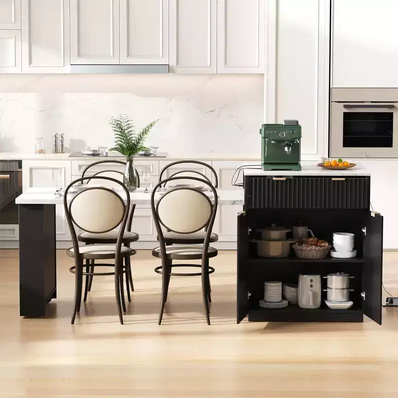 Îlot de cuisine Okak avec table extensible, organisateur de comptoir avec prise de courant et rangement double face, chariot de cuisine pour salle à manger
