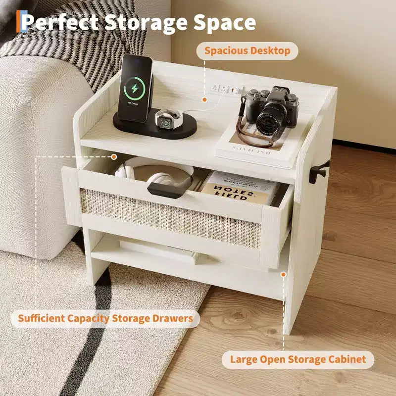GustoWave Table de chevet en rotin (lot de 2), table de chevet, 2 tiroirs de rangement en rotin, table d'appoint, tables d'appoint, convient pour la chambre, le bureau