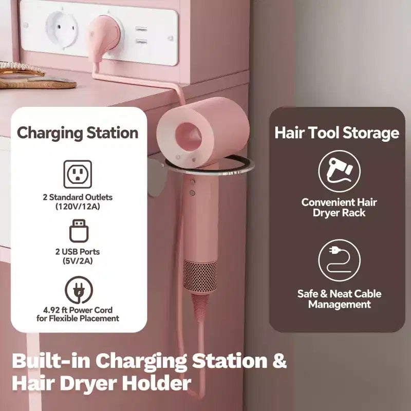 Coiffeuse de Maquillage avec Miroir et Lumières, Ensemble Coiffeuse avec Station de Charge, Coiffeuse avec Tabouret, 2 Tiroirs, Prises de Courant et Ports USB