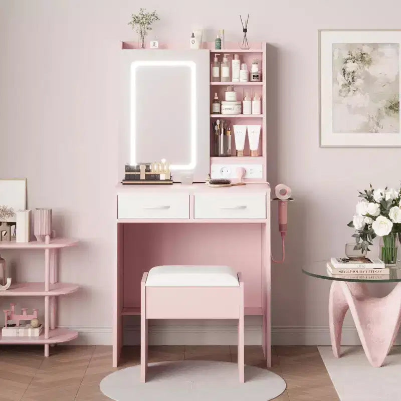 Coiffeuse de Maquillage avec Miroir et Lumières, Ensemble Coiffeuse avec Station de Charge, Coiffeuse avec Tabouret, 2 Tiroirs, Prises de Courant et Ports USB