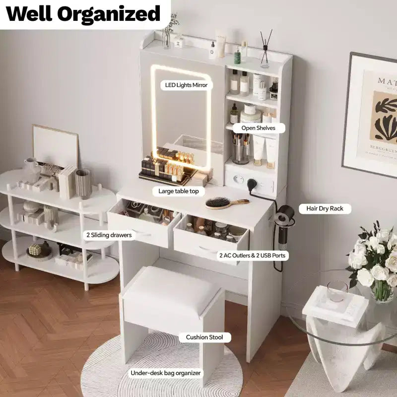 Coiffeuse de Maquillage avec Miroir et Lumières, Ensemble Coiffeuse avec Station de Charge, Coiffeuse avec Tabouret, 2 Tiroirs, Prises de Courant et Ports USB