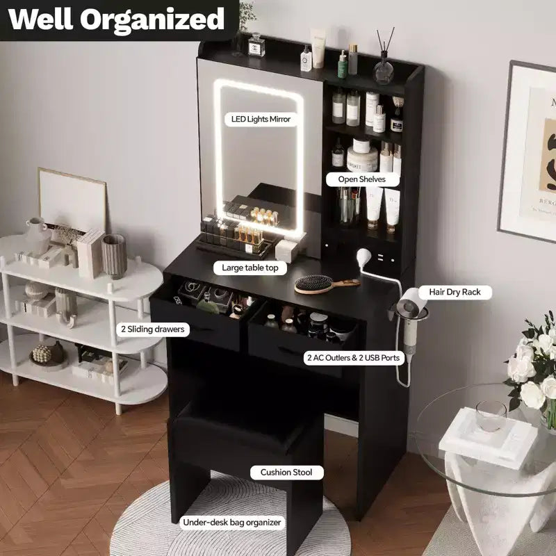 Coiffeuse de Maquillage avec Miroir et Lumières, Ensemble Coiffeuse avec Station de Charge, Coiffeuse avec Tabouret, 2 Tiroirs, Prises de Courant et Ports USB