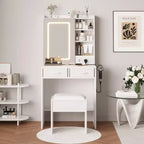Coiffeuse de Maquillage avec Miroir et Lumières, Ensemble Coiffeuse avec Station de Charge, Coiffeuse avec Tabouret, 2 Tiroirs, Prises de Courant et Ports USB