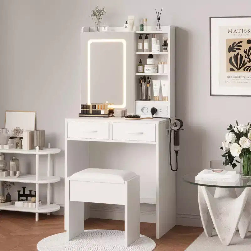 Coiffeuse de Maquillage avec Miroir et Lumières, Ensemble Coiffeuse avec Station de Charge, Coiffeuse avec Tabouret, 2 Tiroirs, Prises de Courant et Ports USB