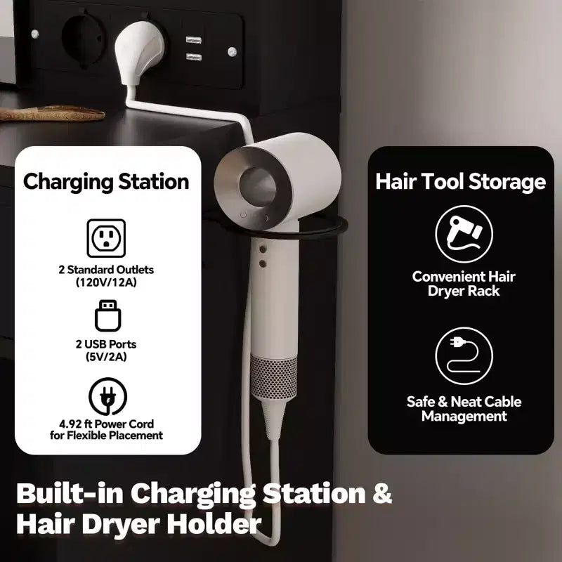 Coiffeuse de Maquillage avec Miroir et Lumières, Ensemble Coiffeuse avec Station de Charge, Coiffeuse avec Tabouret, 2 Tiroirs, Prises de Courant et Ports USB