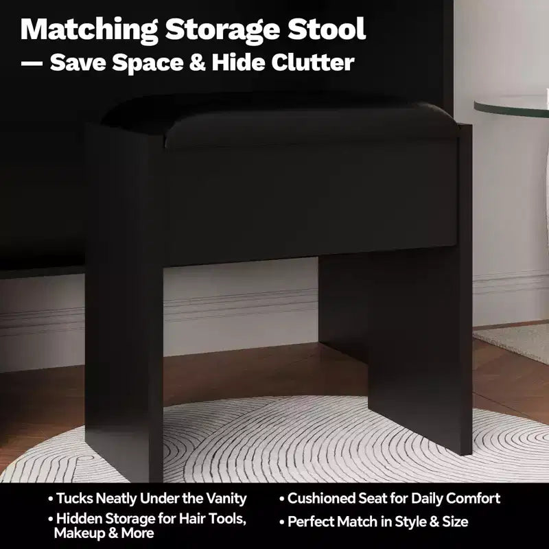 Coiffeuse de Maquillage avec Miroir et Lumières, Ensemble Coiffeuse avec Station de Charge, Coiffeuse avec Tabouret, 2 Tiroirs, Prises de Courant et Ports USB