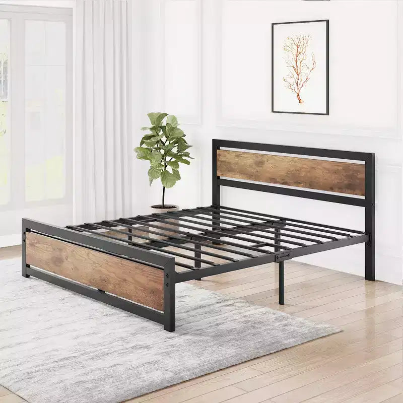 Metal platform queen bed frame with wooden headboard and footboard, non-slip and durable, with ample under-bed storage, no box spring required.