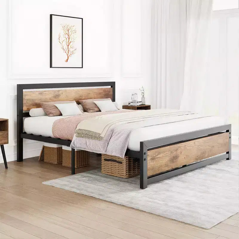 Lit queen size avec cadre en métal, tête et pied de lit en bois, antidérapant et durable, avec grand espace de rangement sous le lit, sommier tapissier non requis.