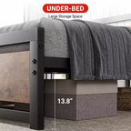 Lit queen size avec cadre en métal, tête et pied de lit en bois, antidérapant et durable, avec grand espace de rangement sous le lit, sommier tapissier non requis.