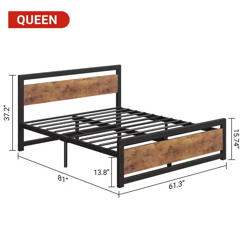 Lit queen size avec cadre en métal, tête et pied de lit en bois, antidérapant et durable, avec grand espace de rangement sous le lit, sommier tapissier non requis.
