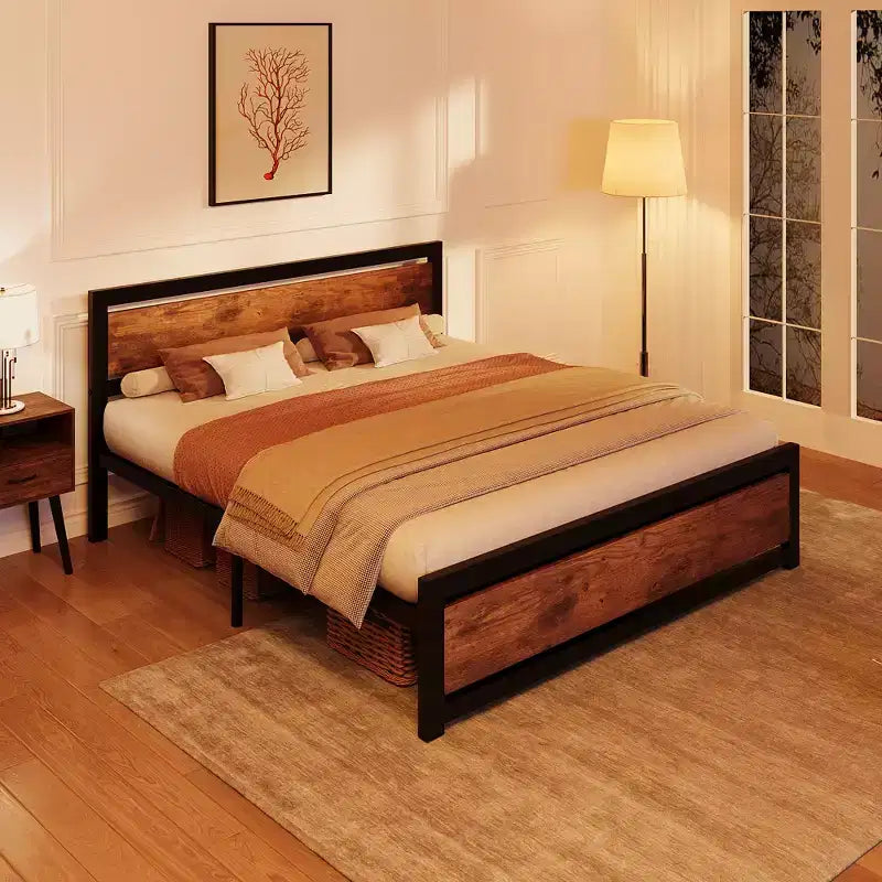 Lit queen size avec cadre en métal, tête et pied de lit en bois, antidérapant et durable, avec grand espace de rangement sous le lit, sommier tapissier non requis.