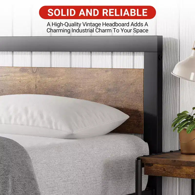Lit queen size avec cadre en métal, tête et pied de lit en bois, antidérapant et durable, avec grand espace de rangement sous le lit, sommier tapissier non requis.