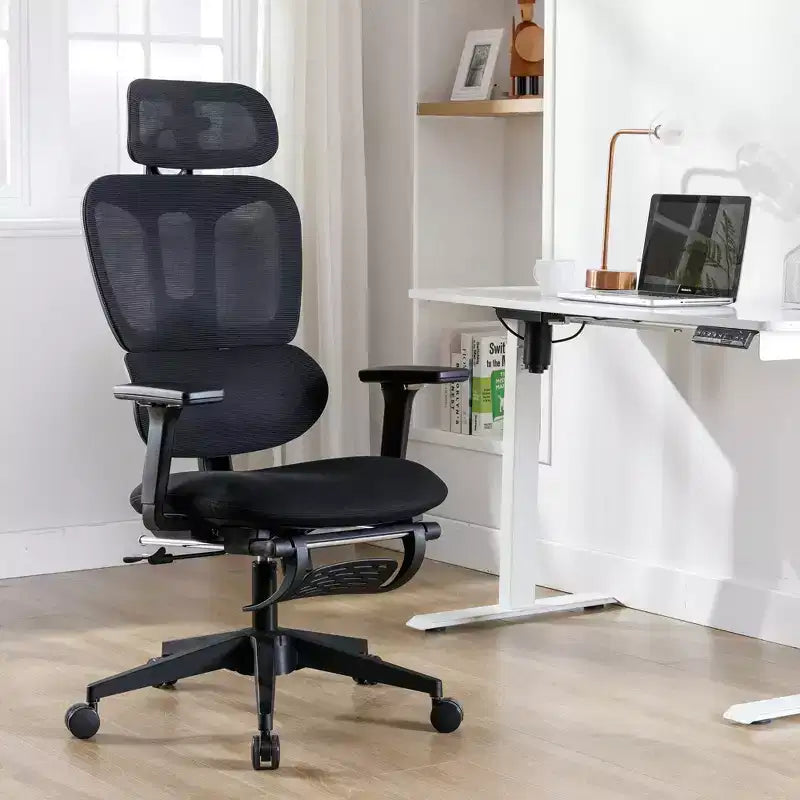 Black Mesh Chair w/ Footrest, 4D Arms, 2D Headrest & Dynamic Lumbar C Silent Wheels, Home/Office Ready