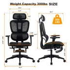 Chaise en maille noire avec repose-pieds, accoudoirs 4D, appui-tête 2D et soutien lombaire dynamique, roulettes silencieuses, prête pour la maison/le bureau