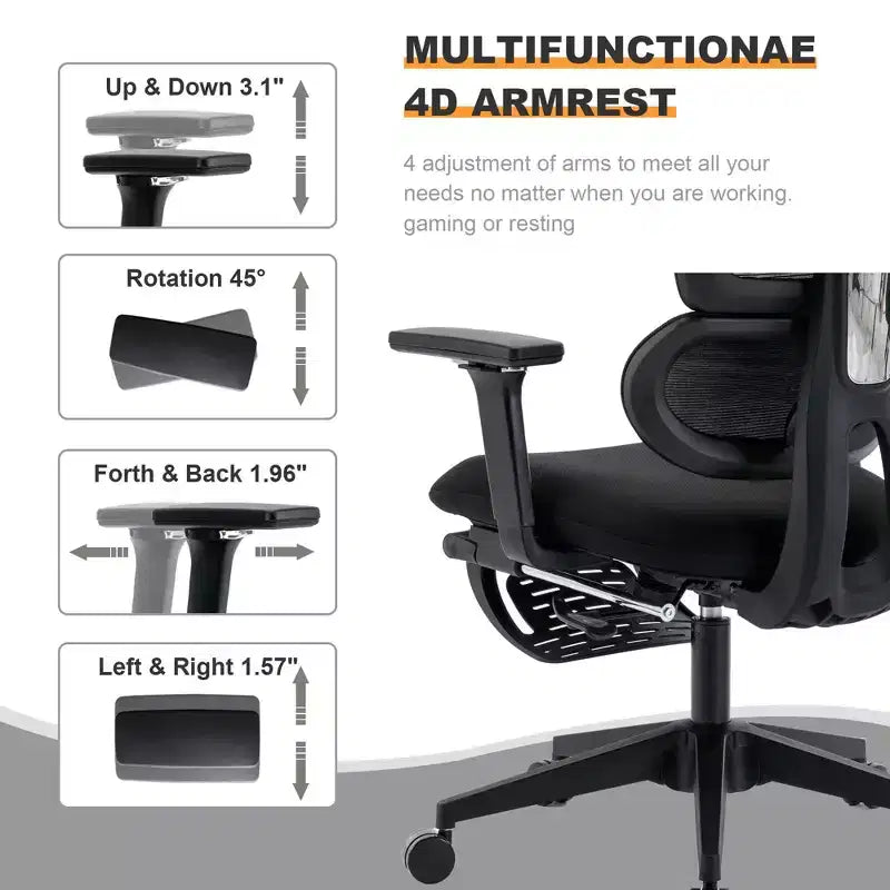 Chaise en maille noire avec repose-pieds, accoudoirs 4D, appui-tête 2D et soutien lombaire dynamique, roulettes silencieuses, prête pour la maison/le bureau