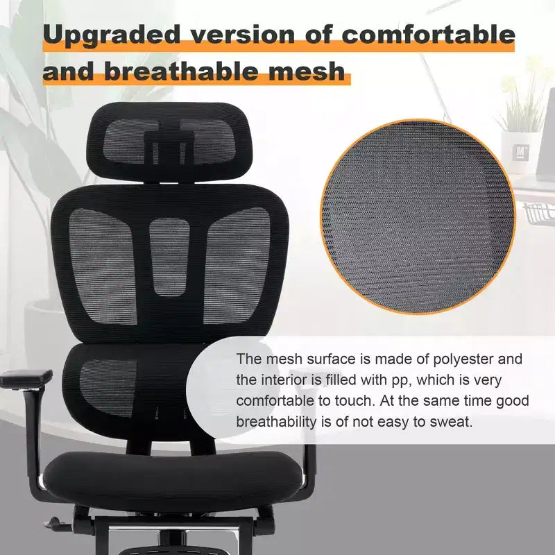 Chaise en maille noire avec repose-pieds, accoudoirs 4D, appui-tête 2D et soutien lombaire dynamique, roulettes silencieuses, prête pour la maison/le bureau