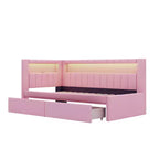 Lit de repos rembourré jumeau avec 2 tiroirs, cadre de lit de repos avec rangement, tête de lit en L, ports USB et LED