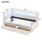 Lit de repos rembourré jumeau avec 2 tiroirs, cadre de lit de repos avec rangement, tête de lit en L, ports USB et LED