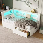 Lit de repos rembourré jumeau avec 2 tiroirs, cadre de lit de repos avec rangement, tête de lit en L, ports USB et LED