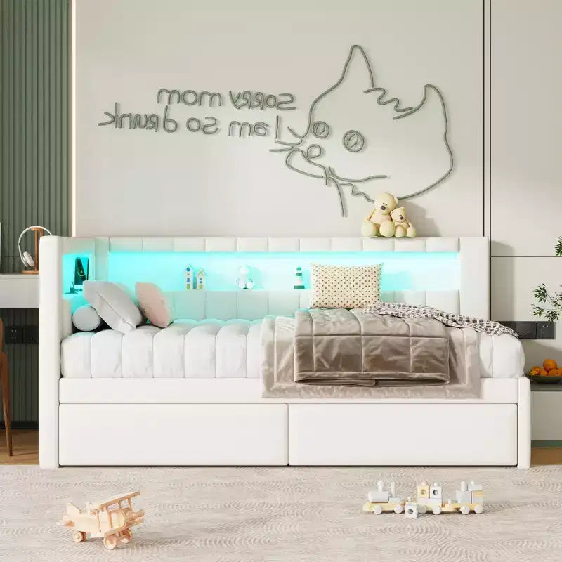 Lit de repos rembourré jumeau avec 2 tiroirs, cadre de lit de repos avec rangement, tête de lit en L, ports USB et LED