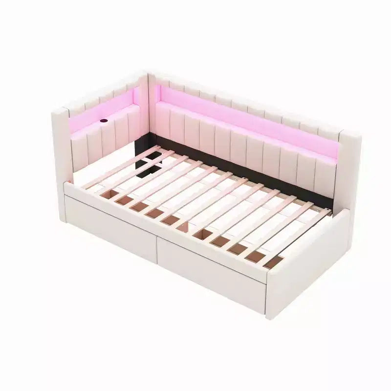Lit de repos rembourré jumeau avec 2 tiroirs, cadre de lit de repos avec rangement, tête de lit en L, ports USB et LED