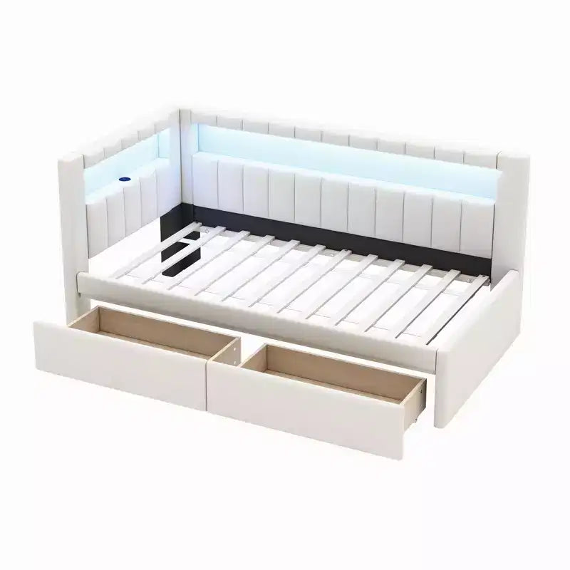 Lit de repos rembourré jumeau avec 2 tiroirs, cadre de lit de repos avec rangement, tête de lit en L, ports USB et LED