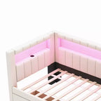 Lit de repos rembourré jumeau avec 2 tiroirs, cadre de lit de repos avec rangement, tête de lit en L, ports USB et LED