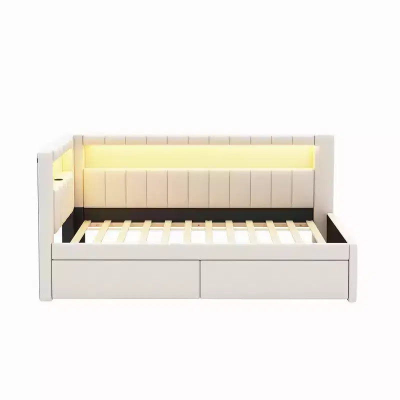 Lit de repos rembourré jumeau avec 2 tiroirs, cadre de lit de repos avec rangement, tête de lit en L, ports USB et LED